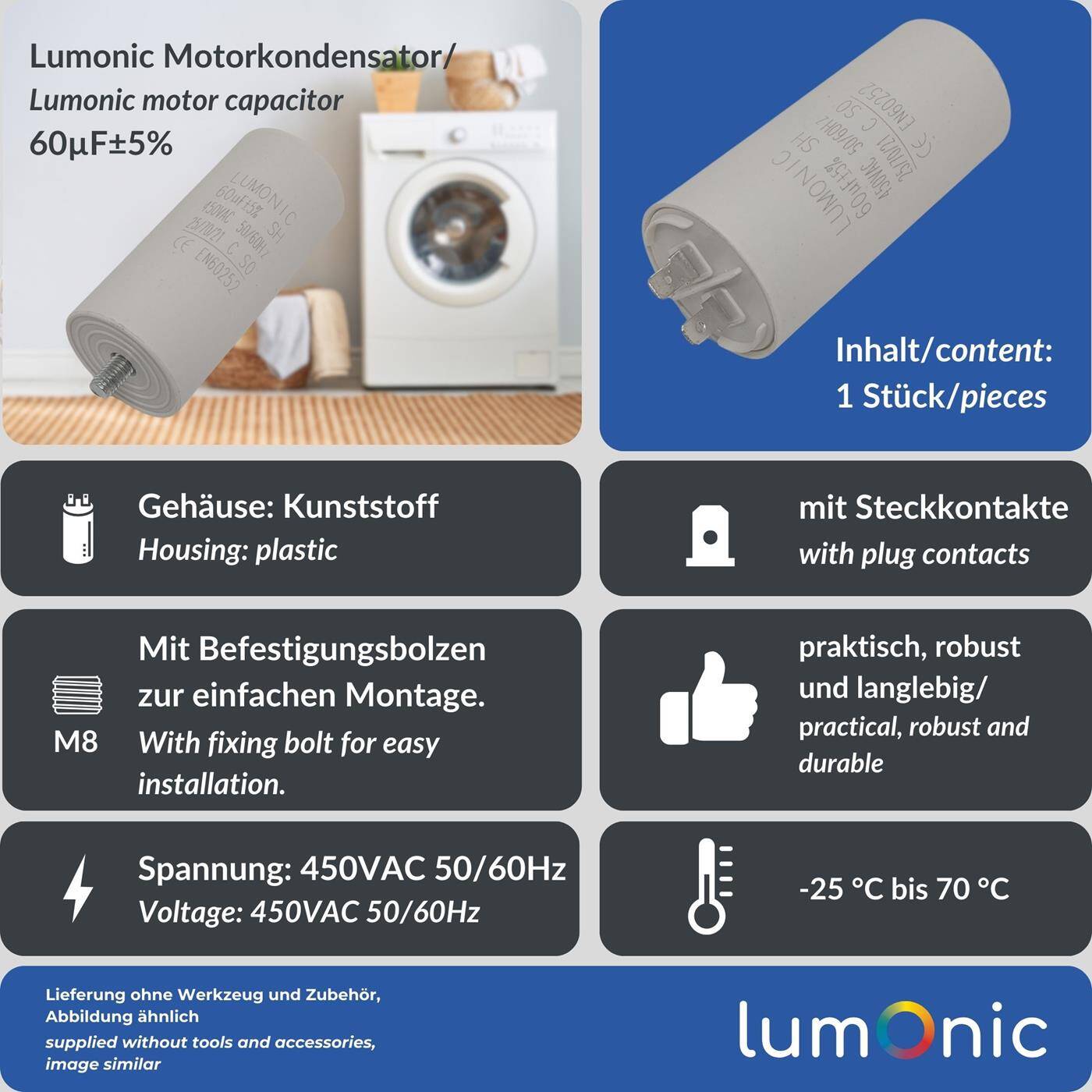 Lumonic Anlaufkondensator 60µF 450V | mit Stecker I 45x100mm I 60uF I Motorkondensator mit Kunststoffgehäuse I Betriebskondensator I für Pumpen, Rasenmäher, Werkzeuge