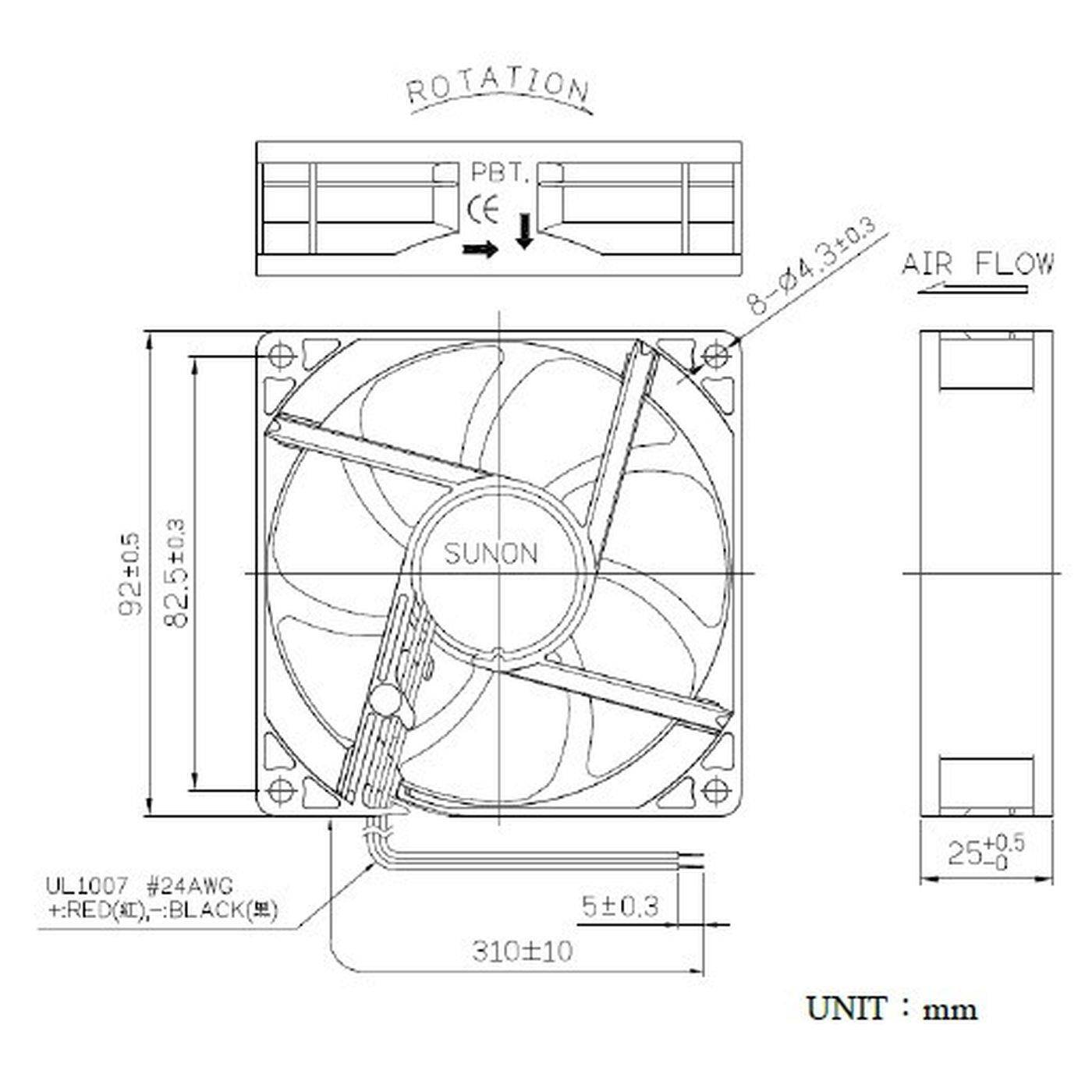Fan 24V DC 1,92W 92x92x25mm 87,5m³/h 3000U/Min 87,5m³/h Sunon MF92252V11000UA99