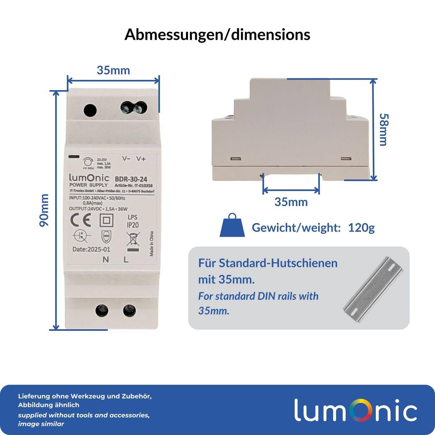 Lumonic I Netzteil Hutschiene BDR-30-24 I 24V / 36W I Input 100-240VAC I Überlastschutz & kurzschlussfest I DIN-Rail Schaltnetzteil I Schaltschrank & Verteilerkasten