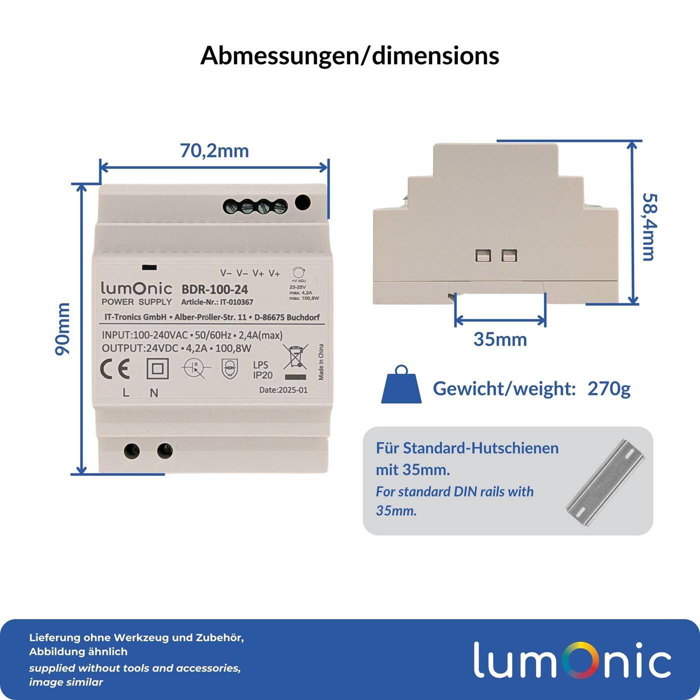 Lumonic I Netzteil Hutschiene BDR-100-24 I 24V / 100,8W I Input 100-240VAC I Überlastschutz & kurzschlussfest I DIN-Rail Schaltnetzteil I Schaltschrank & Verteilerkasten