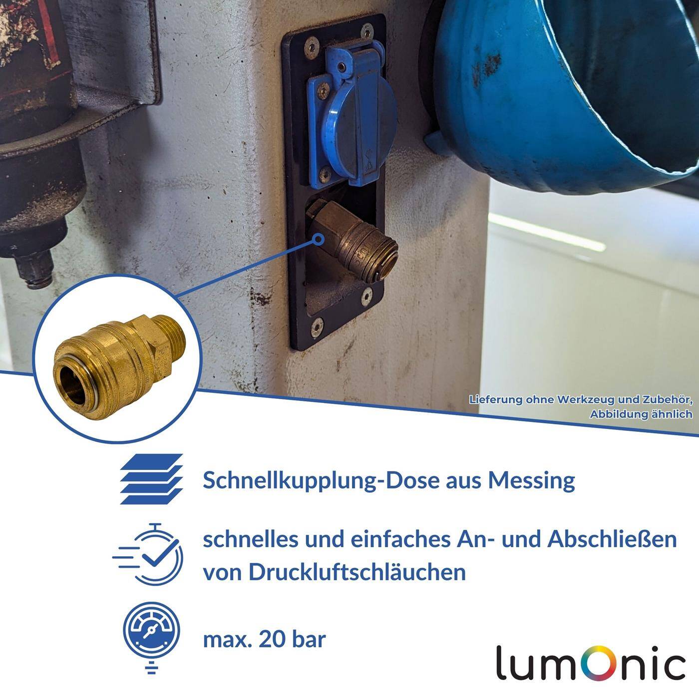 Lumonic I Kupplungsdose mit Außengewinde I 3/8" I aus Messing I Druckluftkupplung-Buchse I Schnellkupplung I für Werkstätten, Betriebe und Heimwerker