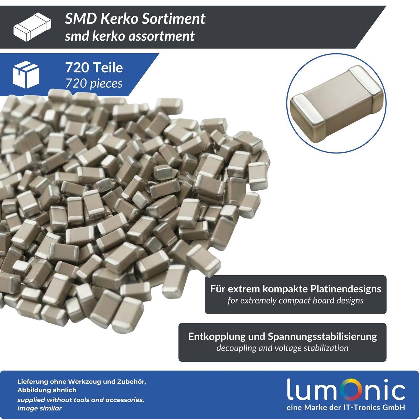SMD Keramik Kondensator Set 0603, 36 Größen 1pF–10µF, 720 Stück, ±5% Toleranz, 50V MLCC, umfangreiches Kerko Sortiment
