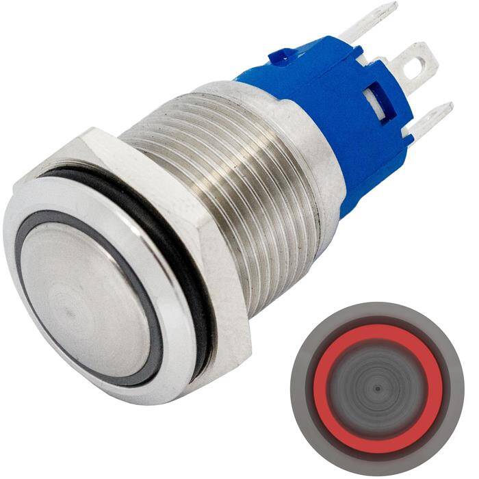 Edelstahl Druckschalter gewölbt Ø16mm Ring LED Rot IP65 2,8x0,5mm Pins 250V 3A Vandalismussicher