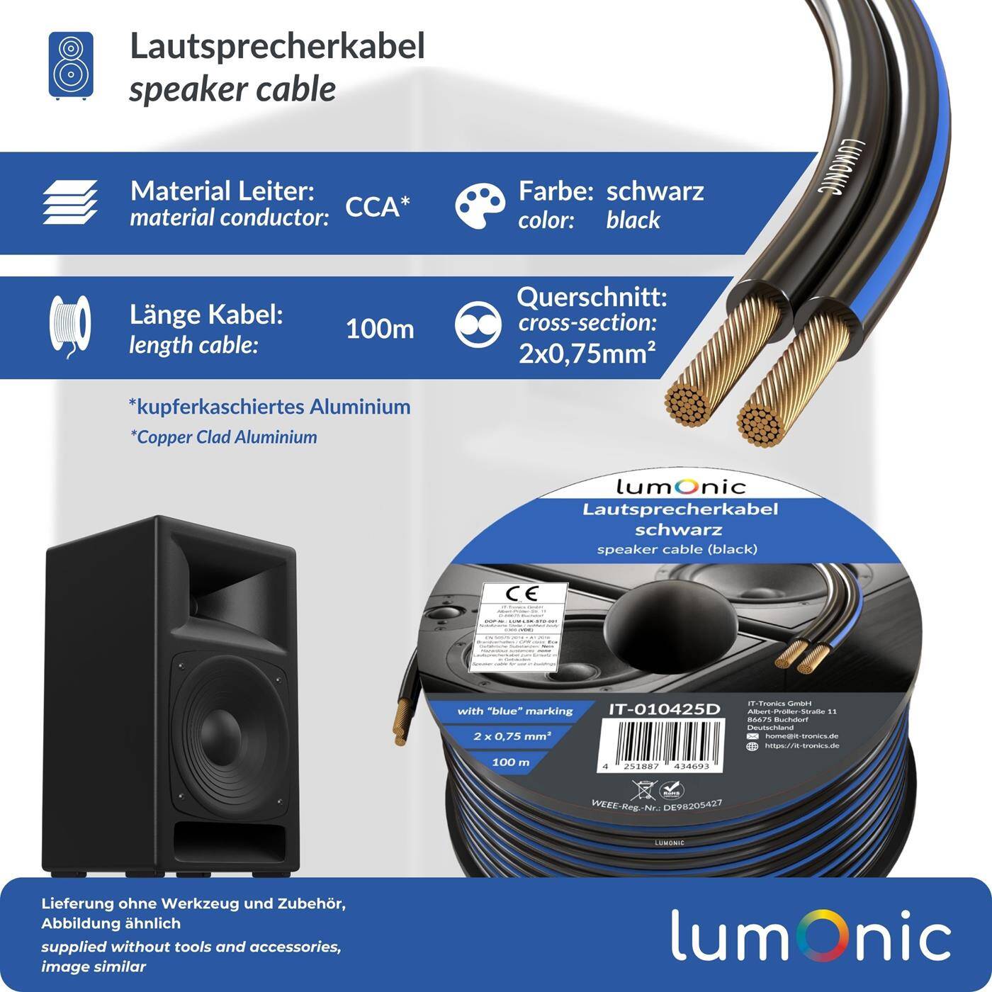 Lumonic Lautsprecherkabel | 100m Schwarz | 2x 0,75mm² CCA | blaue Markierung HiFi Boxenkabel | Audio Zwillingsleitung