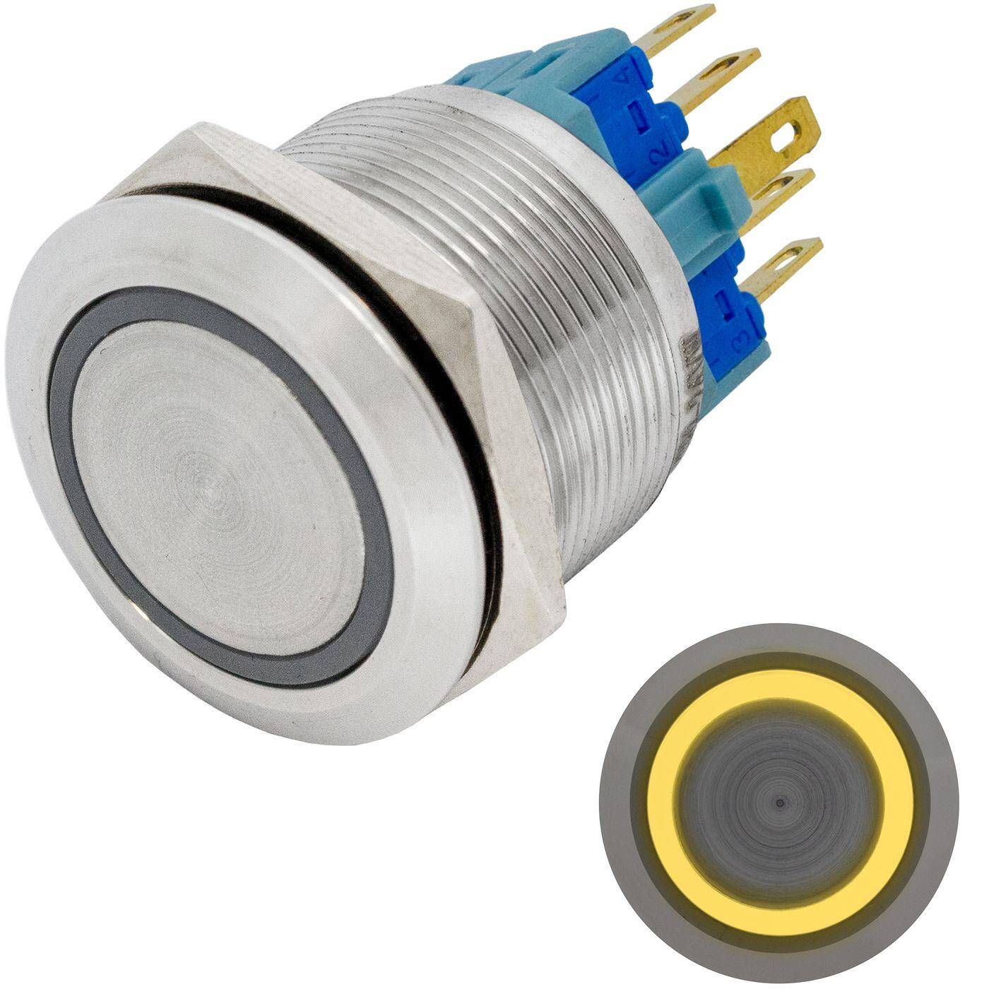 Stainless steel Pressure switch Flat Ø22mm Ring LED Yellow IP65 2,8x0,5mm Pins 250V 3A Vandal-proof