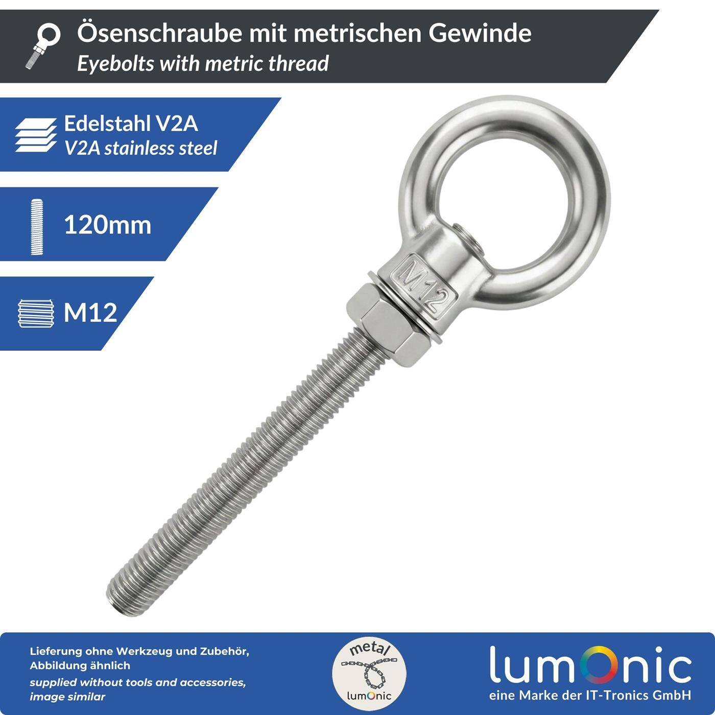 Lumonic Eye bolt V2A stainless steel incl. nut + washer | M12x120mm |  | Push-through mounting | Eyebolt for awning, hammock, swing + chains