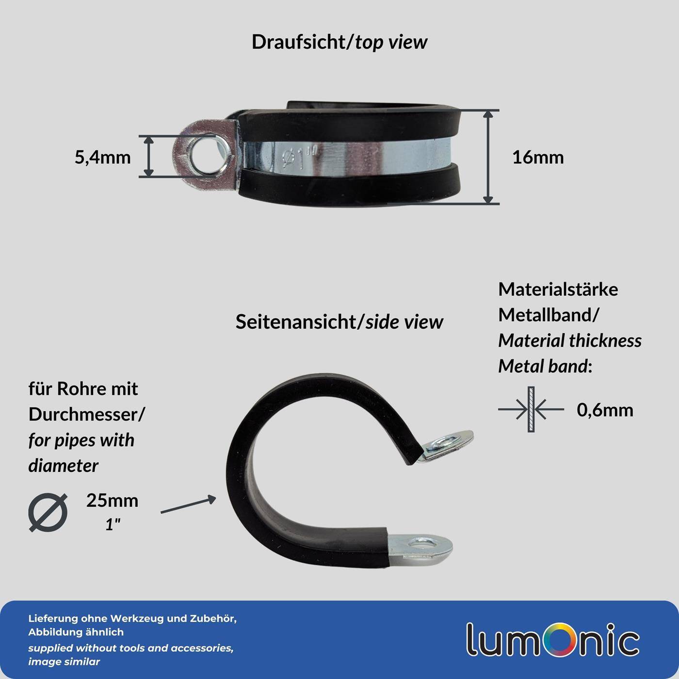 10x P-Clip Leitungsschelle mit Gummi 25mm Rohrschelle Befestigungsschelle