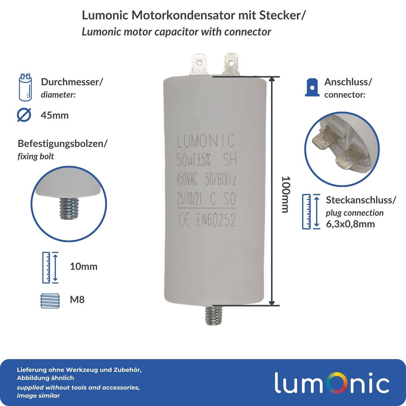 Lumonic Anlaufkondensator 50µF 450V | mit Stecker I 45x100mm I 50uF I Motorkondensator mit Kunststoffgehäuse I Betriebskondensator I für Pumpen, Rasenmäher, Werkzeuge