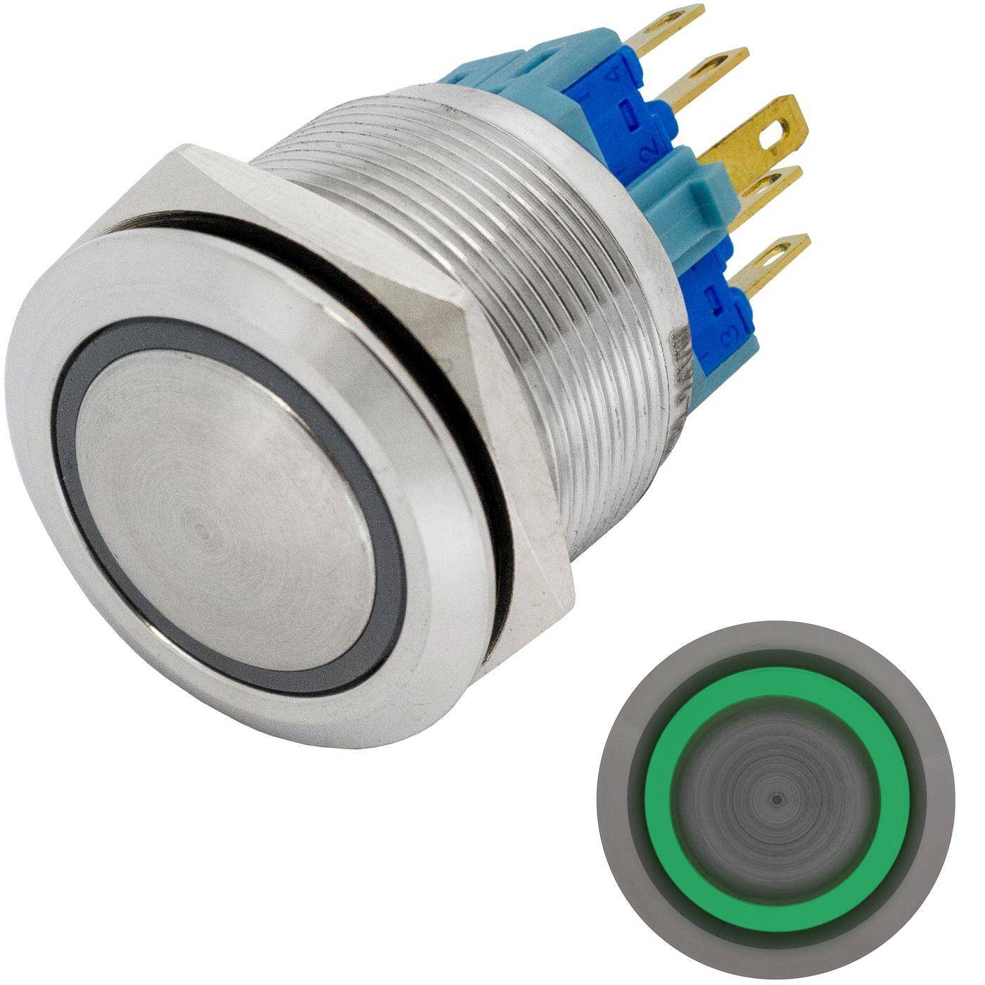 Edelstahl Druckschalter gewölbt Ø22mm Ring LED Grün IP65 2,8x0,5mm Pins 250V 3A Vandalismussicher