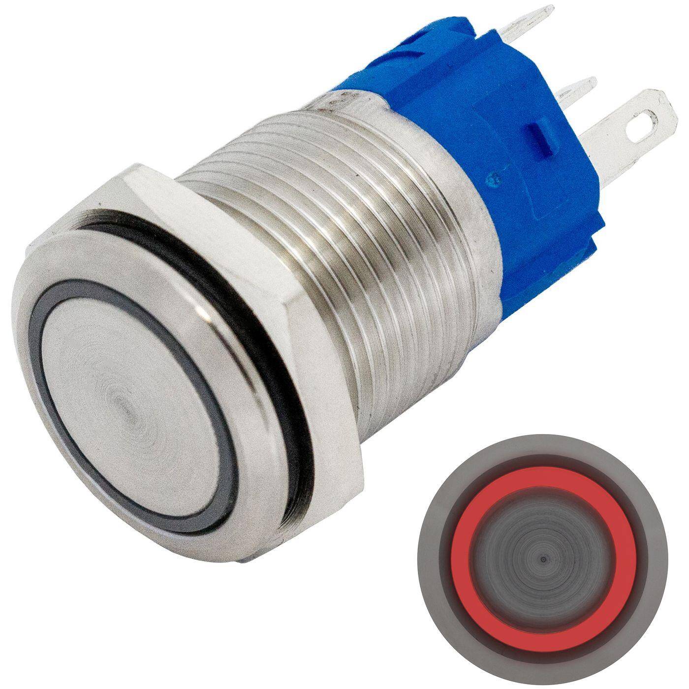 Lumonic Edelstahl Drucktaster flach 16mm Durchmesser I Mit einer Ring LED in Rot Maße: 2,8x0,5mm Pin s 250V 3A I Vandalismussicher nach dem IP65 Standard