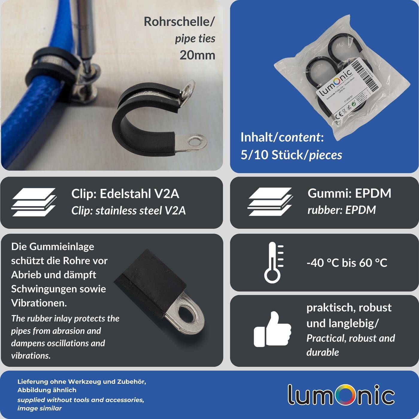 5x P-Clip Leitungsschelle Edelstahl V2A mit Gummi 20mm Rohrschelle Befestigungsschelle