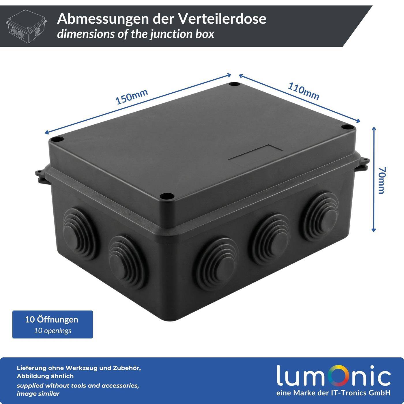 Lumonic Verteilerdose Aufputz IP65 schwarz | 150x110x70mm, 10 Kabeleinführungen | Deckel verschraubt | Hochwertiges PVC | Innenraum, Keller, Garage, Gartenbereich