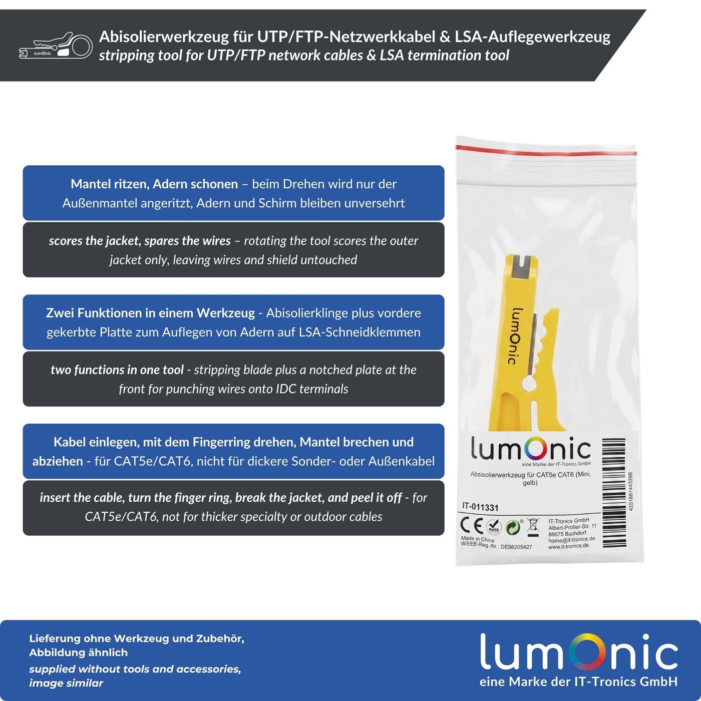 Lumonic Abisolierwerkzeug für UTP/FTP-Netzwerkkabel & LSA-Auflegewerkzeug - Kabel-Abisolierer, Netzwerkwerkzeug, auch als LSA-Auflegewerkzeug, CAT5e/CAT6, Mini, gelb, Patchpanel, RJ45
