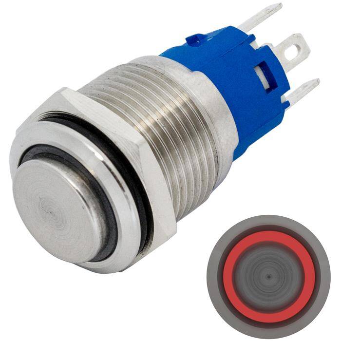 Stainless steel Push button raised Ø16mm Ring LED Red IP65 2,8x0,5mm Pins 250V 3A Vandal-proof