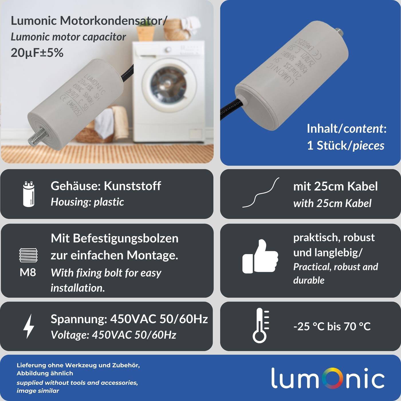 Lumonic Anlaufkondensator 20µF 450V | mit Kabel I 38x75mm I 20uF I Motorkondensator mit Kunststoffgehäuse I Betriebskondensator I für Pumpen, Rasenmäher, Werkzeuge