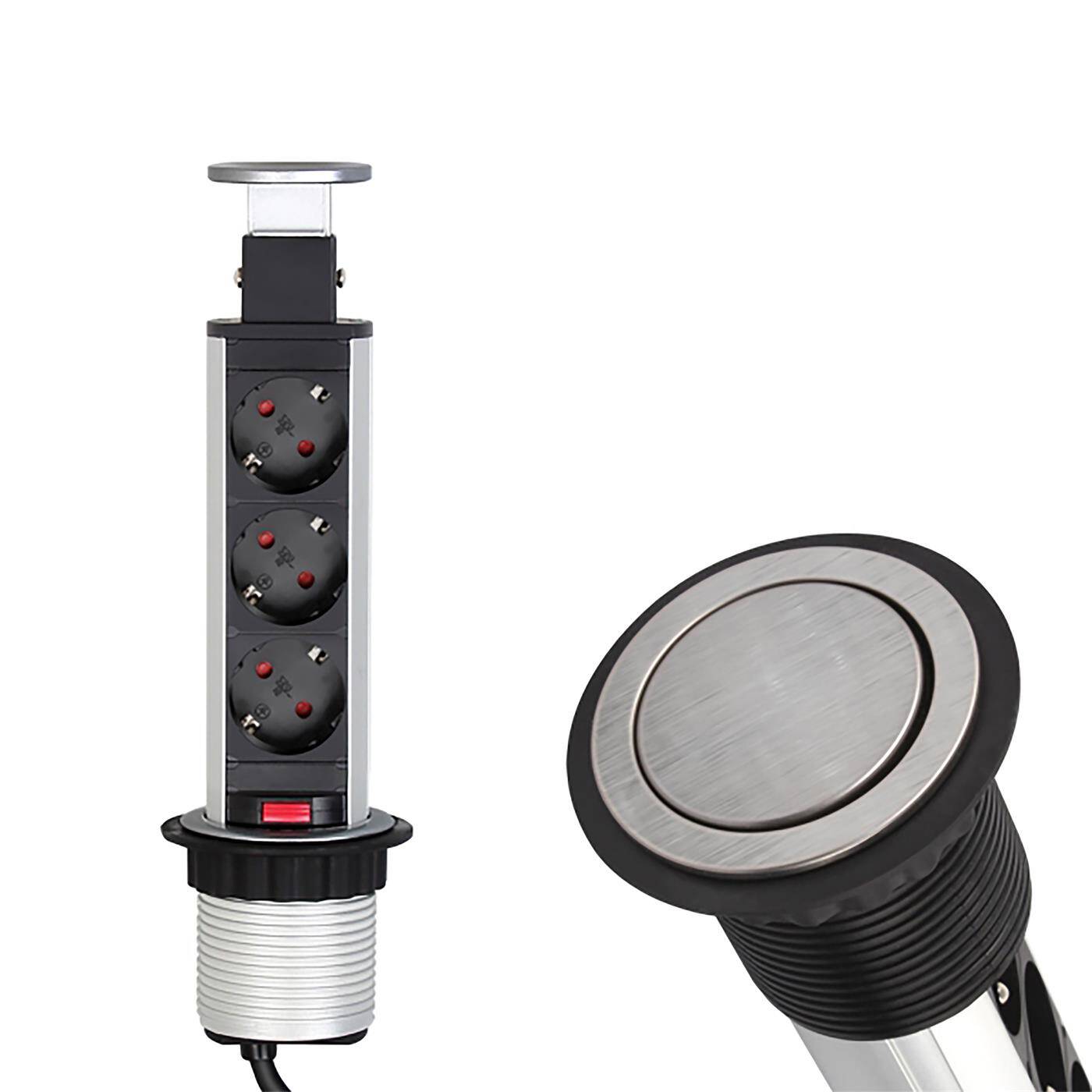 Lumonic LiftBox 3x Schuko Steckdose Tischsteckdose Edelstahl I 3 Steckdosen mit 230V im Tower max. 3600W I Mit Bohrloch-Größe 107mm Ideal für den Einbau