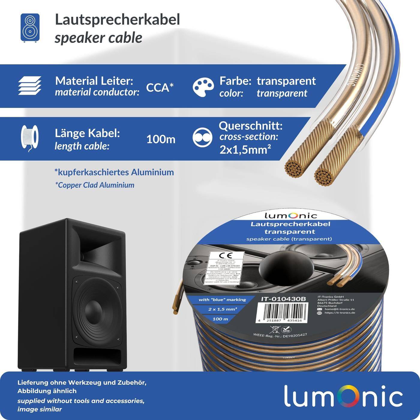 Lumonic Lautsprecherkabel | 100m Transparent | 2x 1,5mm² CCA | blaue Markierung HiFi Boxenkabel | Audio Zwillingsleitung