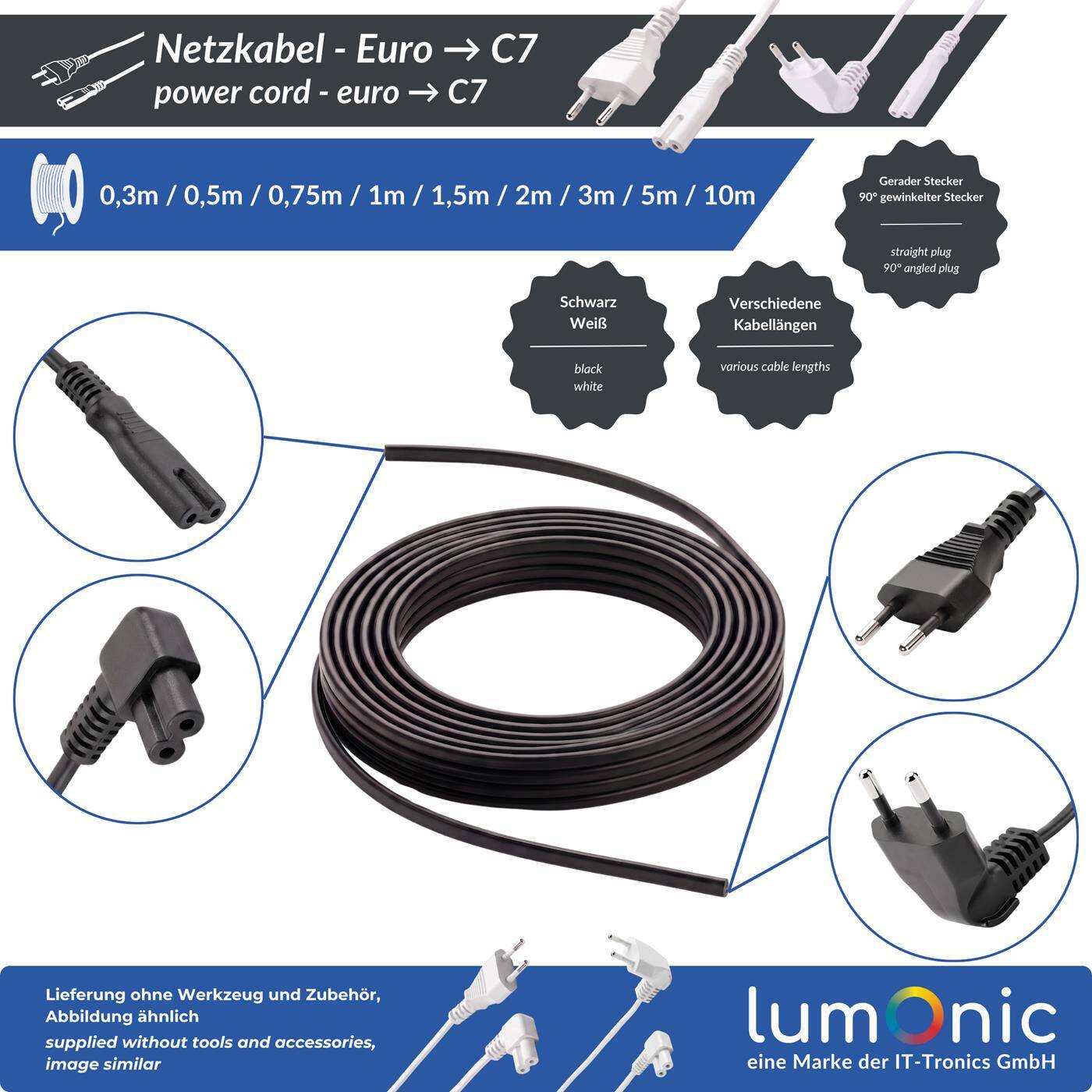 Lumonic Netzkabel Eurostecker 90° auf C7 90° Gewinkelt, Schwarz 1,5 m, 230 V - Beidseitig gewinkelte Stecker, für enge Montagenischen, Knickschutz an beiden Enden, Euro auf C7-Kupplung