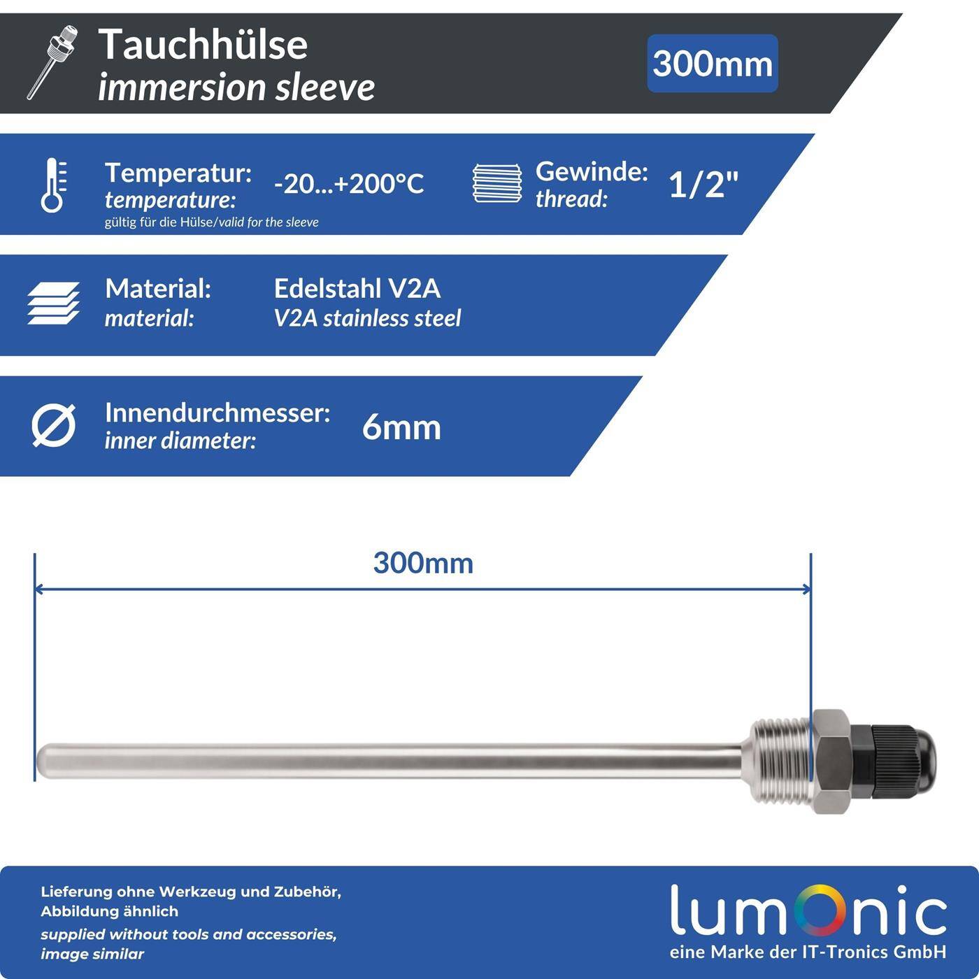 Lumonic Immersion sleeve V2A stainless steel 1/2 inch | 300mm Installation length | Perfect fit for 6mm temperature sensors | for buffer storage, heating, solar + smart home