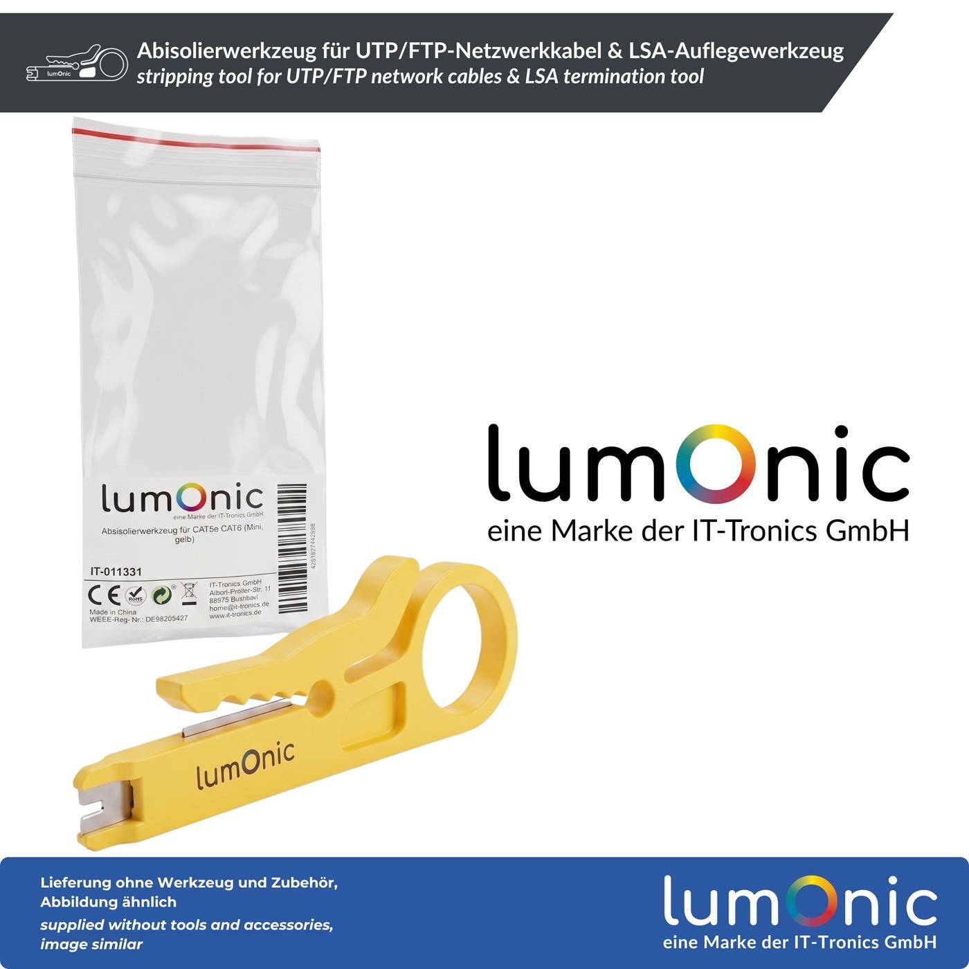 Lumonic Abisolierwerkzeug für UTP/FTP-Netzwerkkabel & LSA-Auflegewerkzeug - Kabel-Abisolierer, Netzwerkwerkzeug, auch als LSA-Auflegewerkzeug, CAT5e/CAT6, Mini, gelb, Patchpanel, RJ45