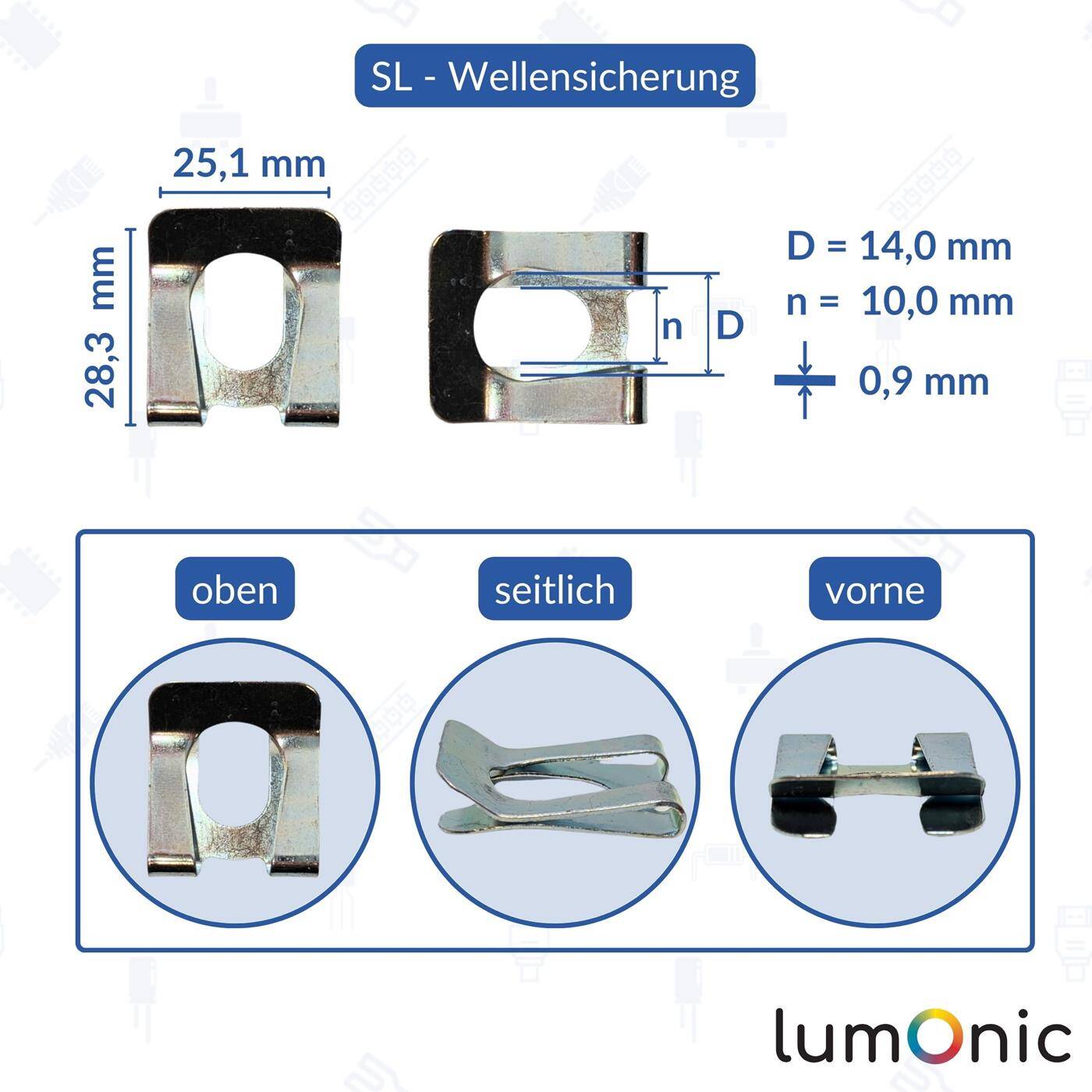 SL-Sicherung 10 Stück für Durchmesser 14mm mit 10mm Nut verzinkter Federstahl für Wellen und Bolzen Wellensicherung einfache, werkzeuglose Montage