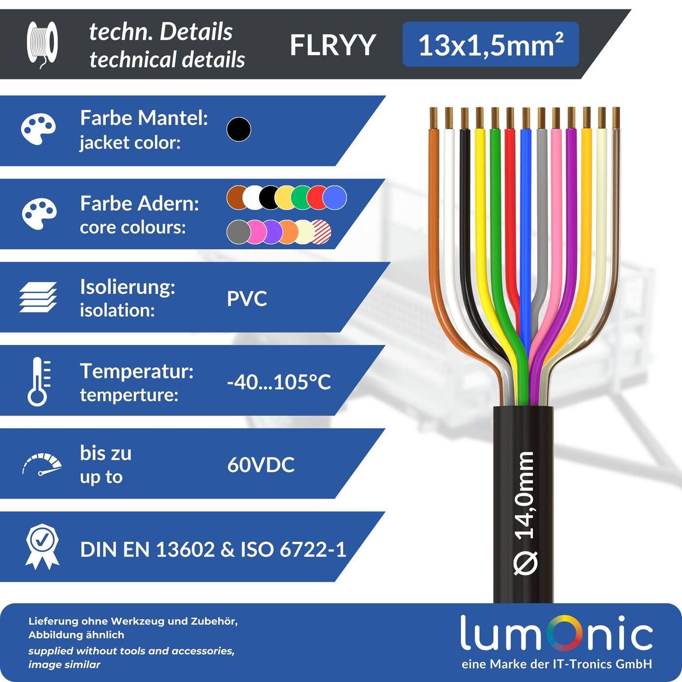 Lumonic 1m FLRYY Fahrzeugleitung 13x1,5mm² schwarz | 13-adrig | Anhängerkabel | mehradriges KFZ-Kabel | Öl- und Kraftstoffbeständig, flammwidrig | Niedervolt