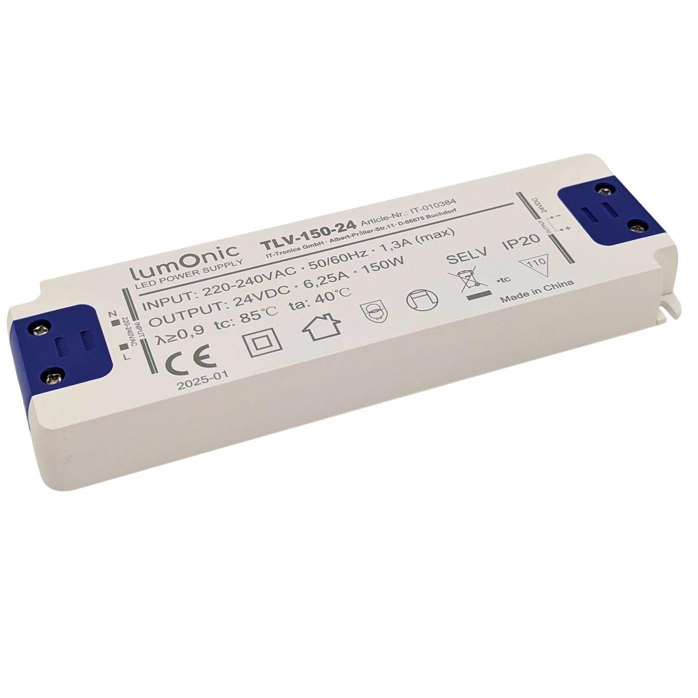 Lumonic I LED Trafo TLV-150-24 I 24V 150W I Input 220-240VAC I flimmerfrei & ultradünn I Überlastschutz I LED-Netzteil I für LED-Beleuchtung & LED-Streifen