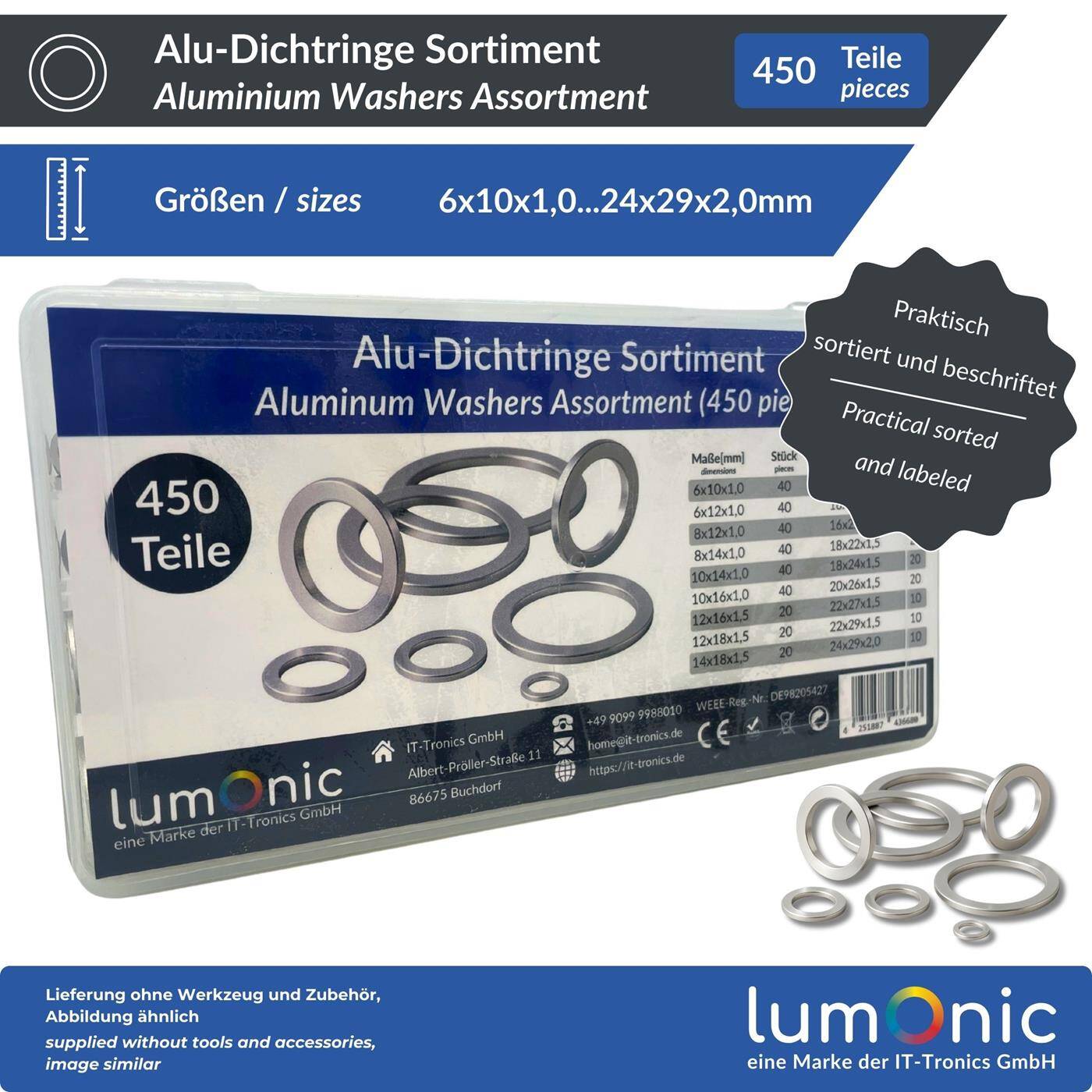 Aluminium Dichtring Sortiment, 450 Teile, 18 Größen (6-24mm), Alu Flachdichtungen, in praktischer Sortimentsbox