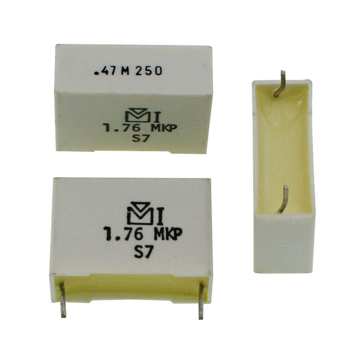 Plessey MKP Foil Capacitor | 0,47µF 250V DC I 2-Pin Connection I 2-Pin I 0,47uF, 470nF I Capacitor for crossover networks of loudspeakers or for interference suppression of electrical devices