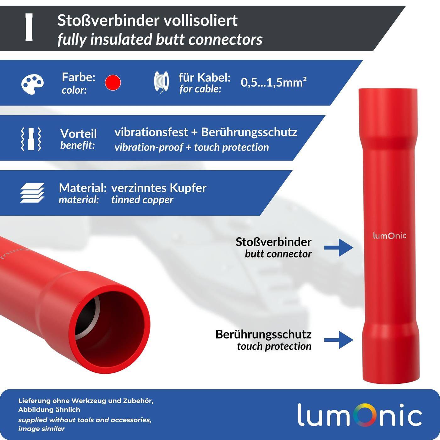 Lumonic 25x Stoßverbinder vollisoliert | 0,5-1,5mm² Rot | schnelle Kabel-Reparatur ohne Löten | vibrationsfeste Crimpverbinder | Quetschverbinder aus Kupfer verzinnt