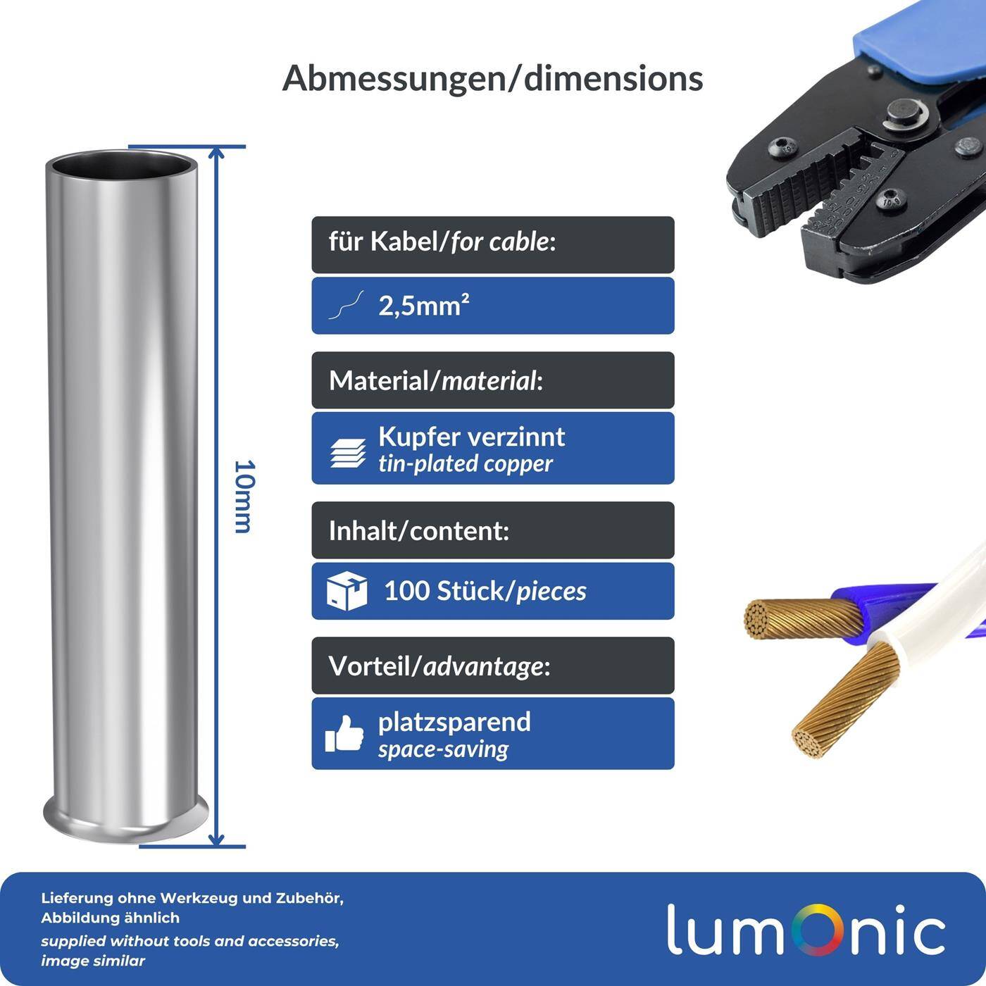 100x Aderendhülse blank 2,5mm² Kupfer verzinnt 2,2x10mm Hülse