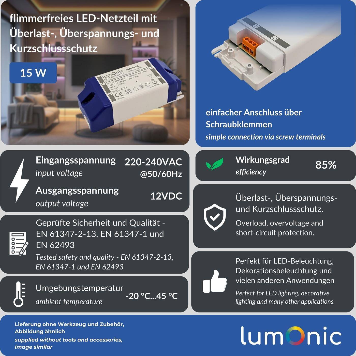 Lumonic I LED Trafo BLV-15-12 I 12V 15W I Input 220-230VAC I flimmerfrei & effizient I Überlastschutz I LED-Netzteil I für LED-Beleuchtung & LED-Streifen