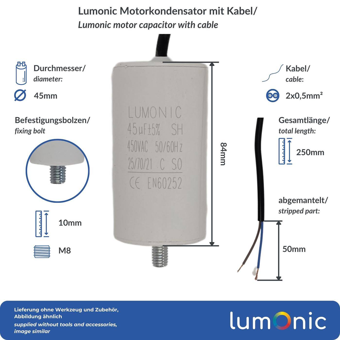 Lumonic Anlaufkondensator 45µF 450V | mit Kabel I 45x84mm I 45uF I Motorkondensator mit Kunststoffgehäuse I Betriebskondensator I für Pumpen, Rasenmäher, Werkzeuge