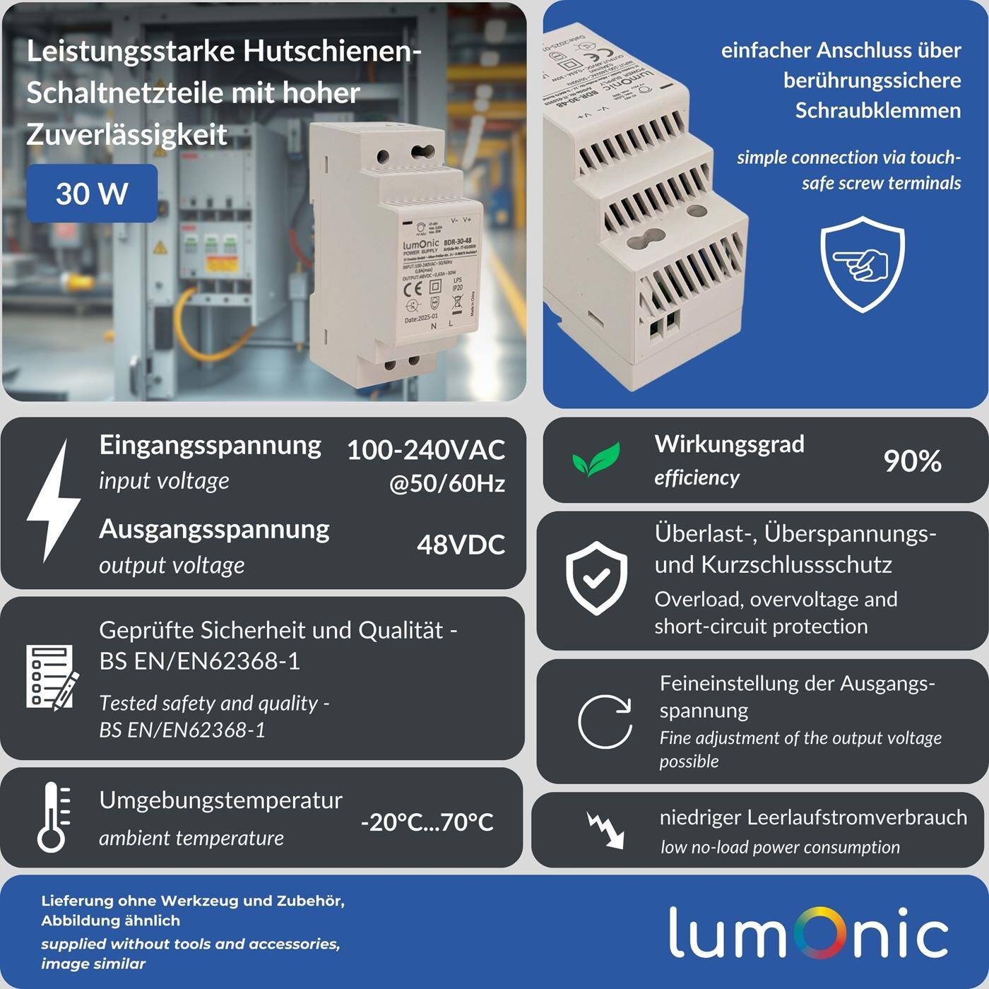 Lumonic I Netzteil Hutschiene BDR-30-48 I 48V / 30W I Input 100-240VAC I Überlastschutz & kurzschlussfest I DIN-Rail Schaltnetzteil I Schaltschrank & Verteilerkasten