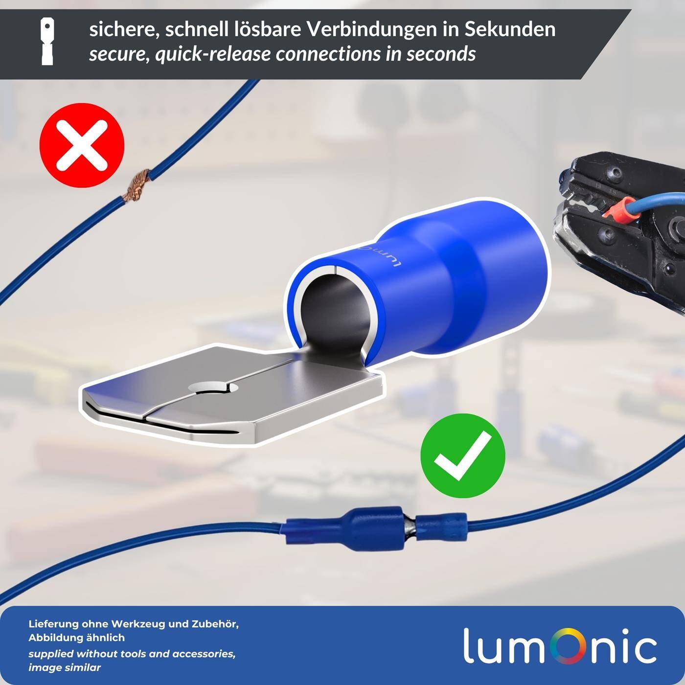 Lumonic 25x Flat plug 1,5-2,5mm²  | for blade receptacle 0,8 x 6,4mm | Partially insulated | Cable connector without soldering | Tin-plated brass | Automotive, mechanical engineering