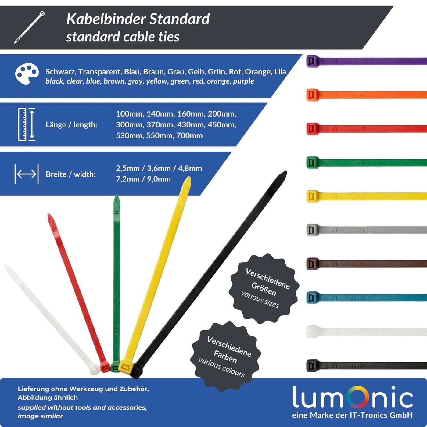 Lumonic 100 Stück Kabelbinder Grün | 100 × 2,5mm | bis 8,2kg Zugfestigkeit | Nylon PA6.6 | Farbcodierung, Industriequalität | Kabelmanagement, Industrie, Werkstatt, Haushalt