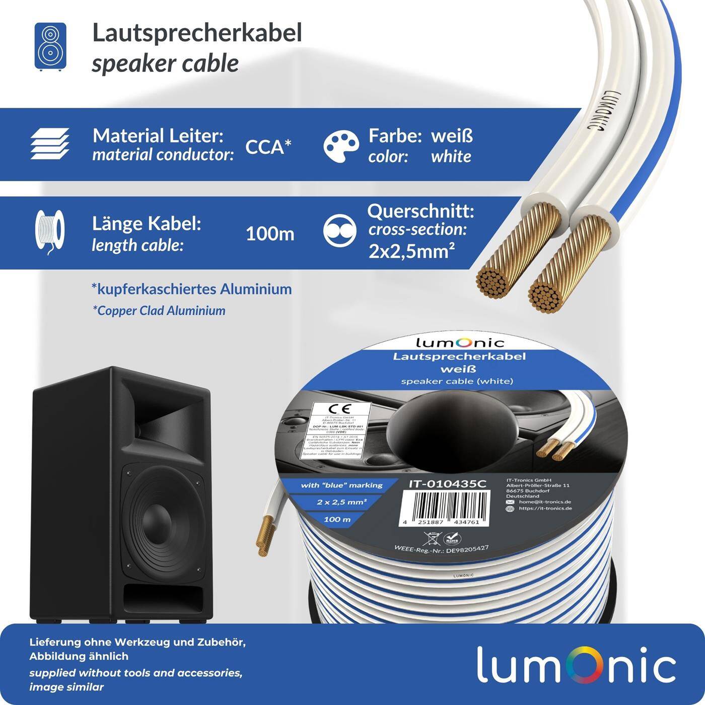 Lumonic Lautsprecherkabel | 100m Weiß | 2x 2,5mm² CCA | blaue Markierung HiFi Boxenkabel | Audio Zwillingsleitung