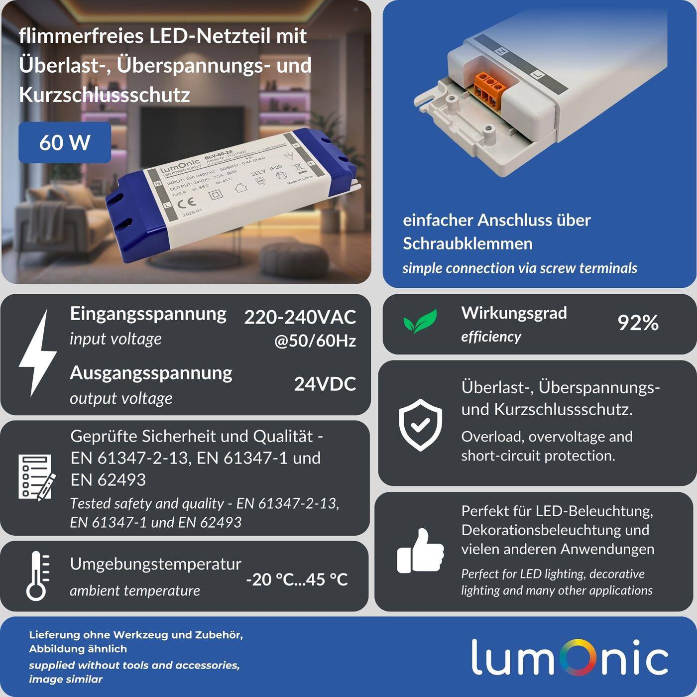 Lumonic I LED transformer BLV-60-24 I 24V 60W I Input 220-230VAC I flicker-free I Overload protection I LED power supply unit I for LED lighting