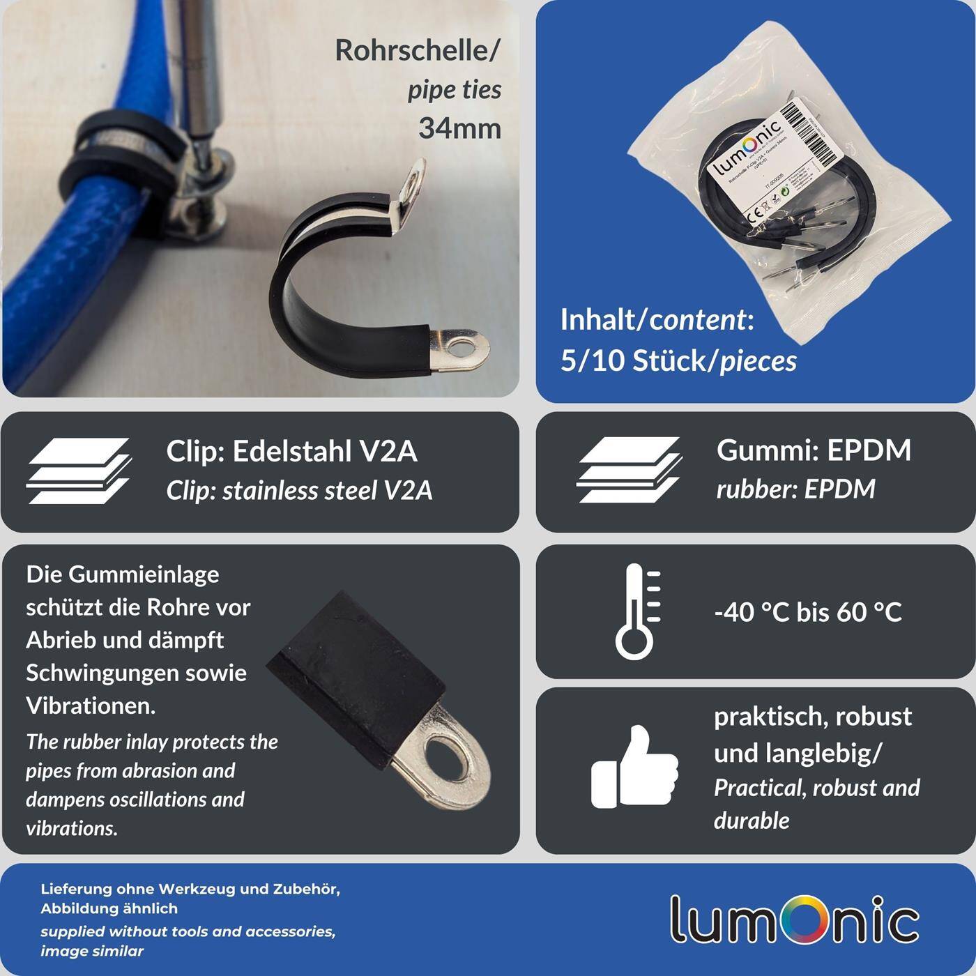 Lumonic 5x 34mm Rohrschellen mit Gummieinlage Edelstahl V2A I Kabelschellen zum Schrauben I Schlauchschelle 34mm, Rohrschellen, Befestigungsschelle 34mm, Rohrhalterung