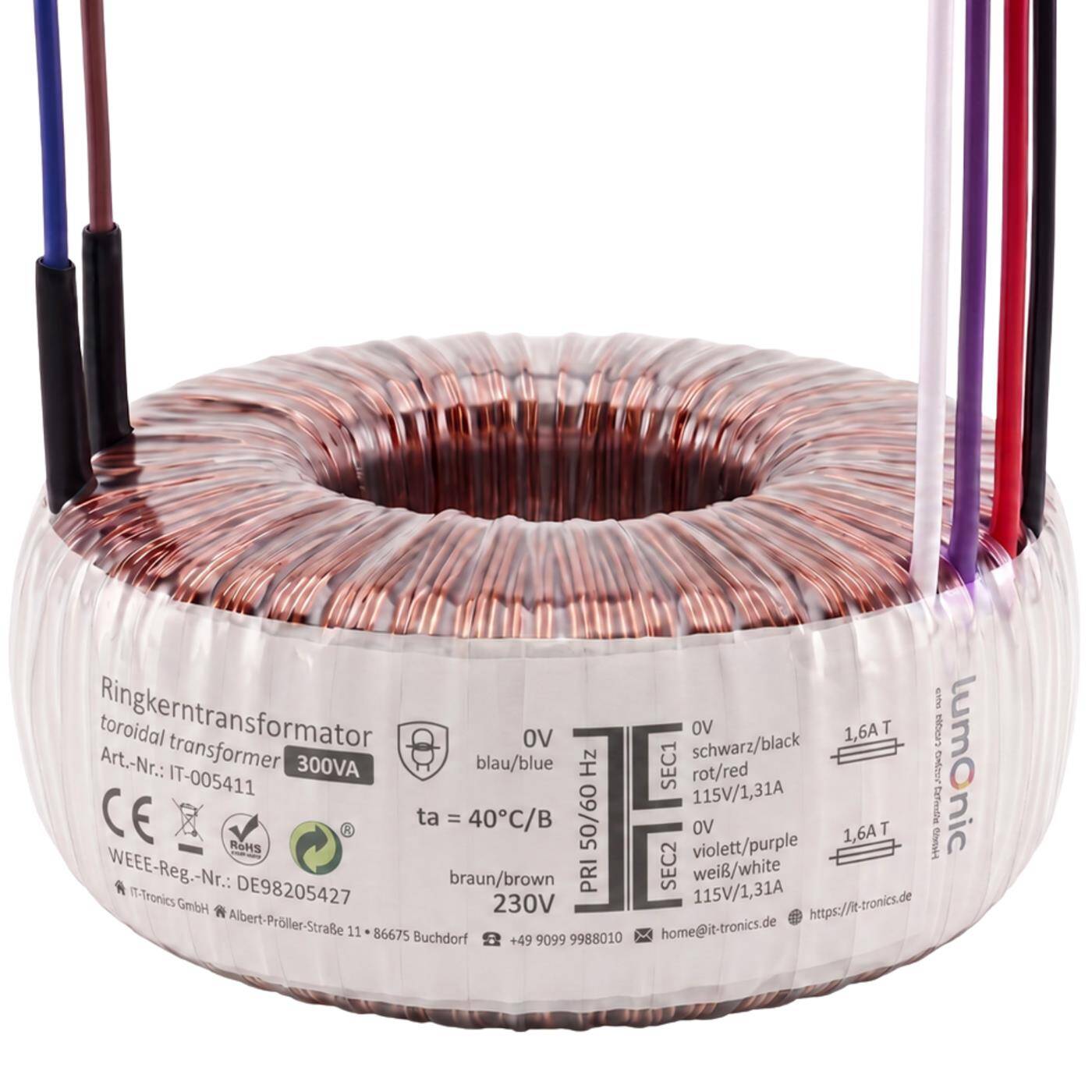 Lumonic Ringkerntrafo Transformator 300VA | Primär 230V AC | Sekundär 2x 115V AC oder 1x 230V AC | Brummarm | Transformator für HiFi Audio Verstärker