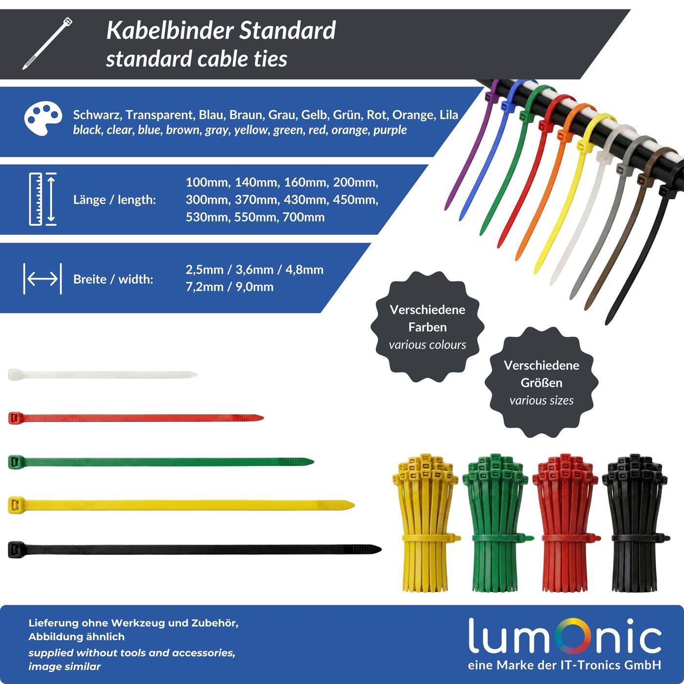 Lumonic 100x Kabelbinder 430 x 9mm I Silberne Kabelbinder in Industriequalität I Kabelbinder UV beständig, Kabelbinder wetterfest, Kabelbinder silber