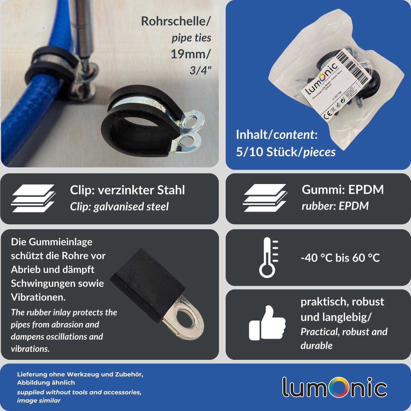 Lumonic 10x 19mm Rohrschellen mit Gummieinlage I Kabelschellen zum Schrauben I Schlauchschelle 19mm, Rohrschellen, Befestigungsschelle 19mm, Rohrhalterung