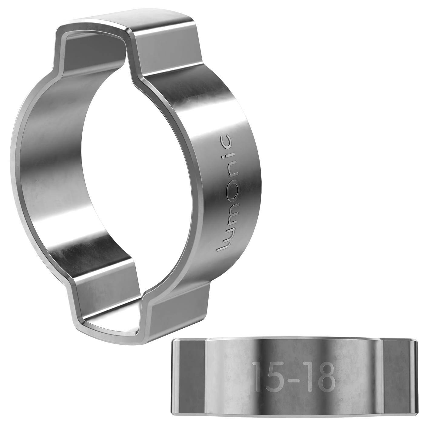 2x 2-Ohr-Schelle 15-18mm V2A Edelstahl Zweiohrschelle Schlauchschelle für Druckluft, Rohrsysteme, Garten, KFZ