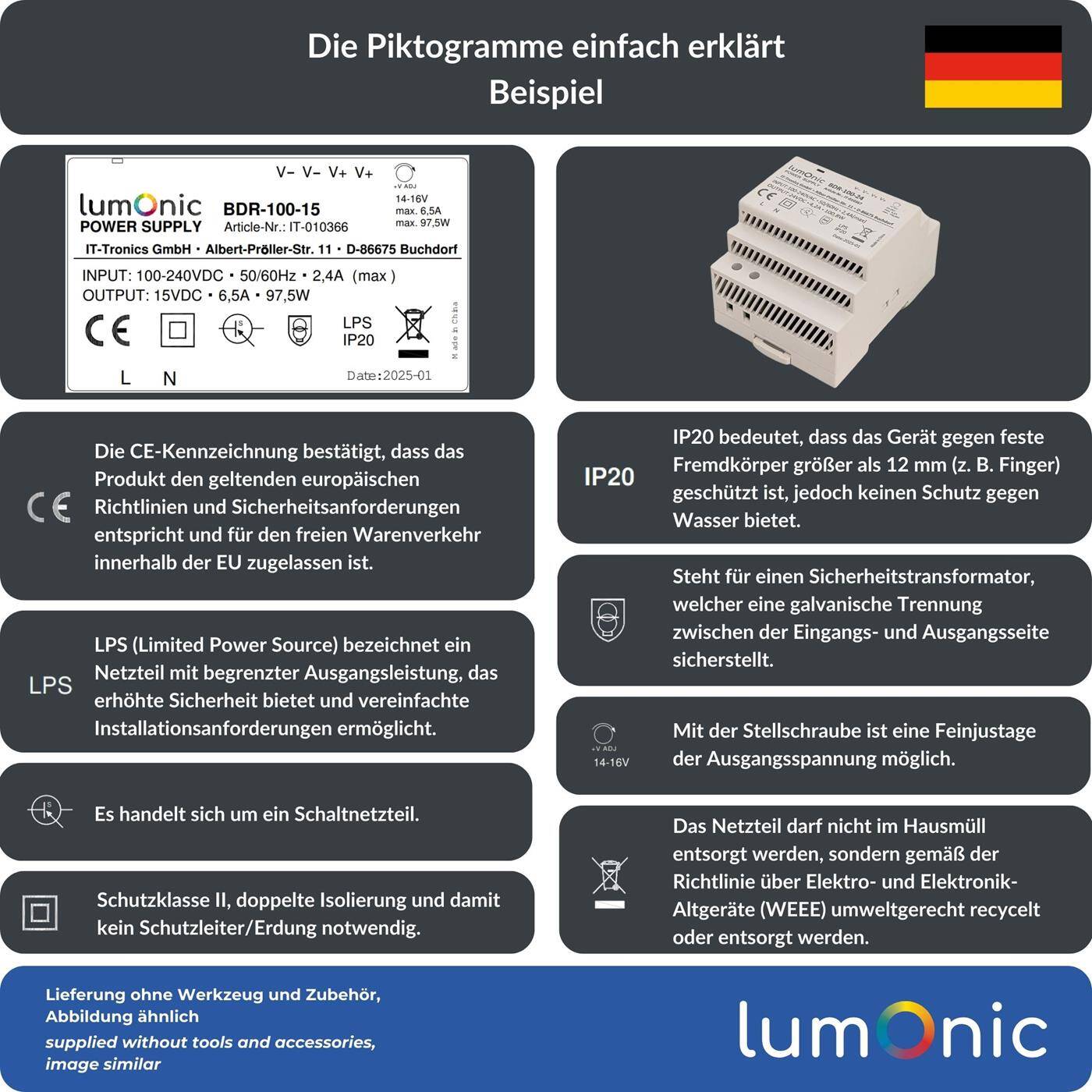 Lumonic I Top-hat rail power supply unit BDR-15-15 I 15V / 15W I Input 100-240VAC I Overload protection I DIN-Rail switching power supply I Switch cabinet