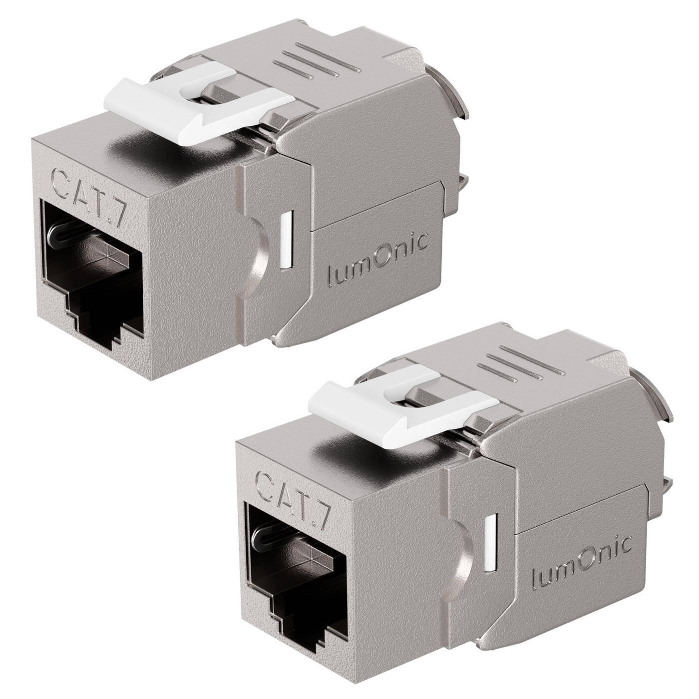 Lumonic 2er Set Keystone RJ45 CAT7 | werkzeuglose Montage | T568A/B farbcodiert | für Wanddose + Patchpanel | PoE++, bis 10Gbit/s | 360° Schirmung | Zugentlastung mit Kabelbinder | Metallgehäuse