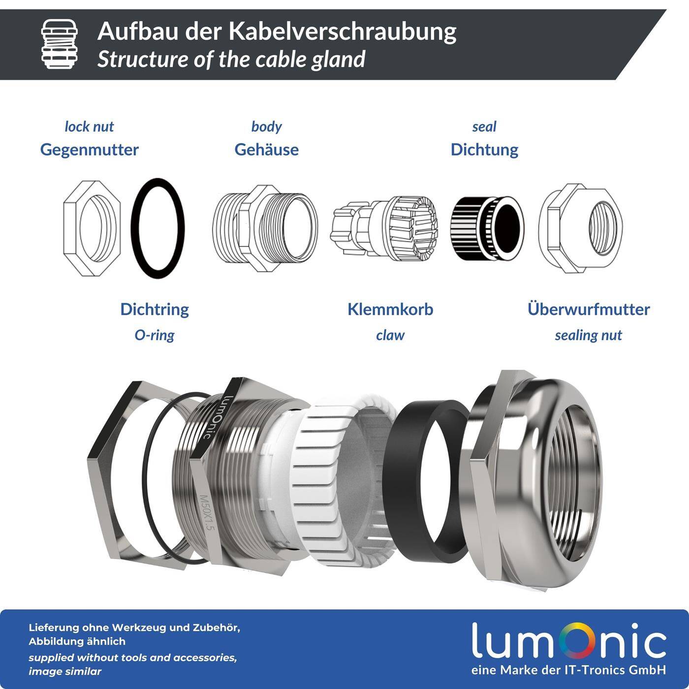 Lumonic Metal cable gland M50 | Clamping range 32-38mm | IP68 | with locknut | Nickel-plated brass, EMC | -40...+100°C | corresponds to PG36