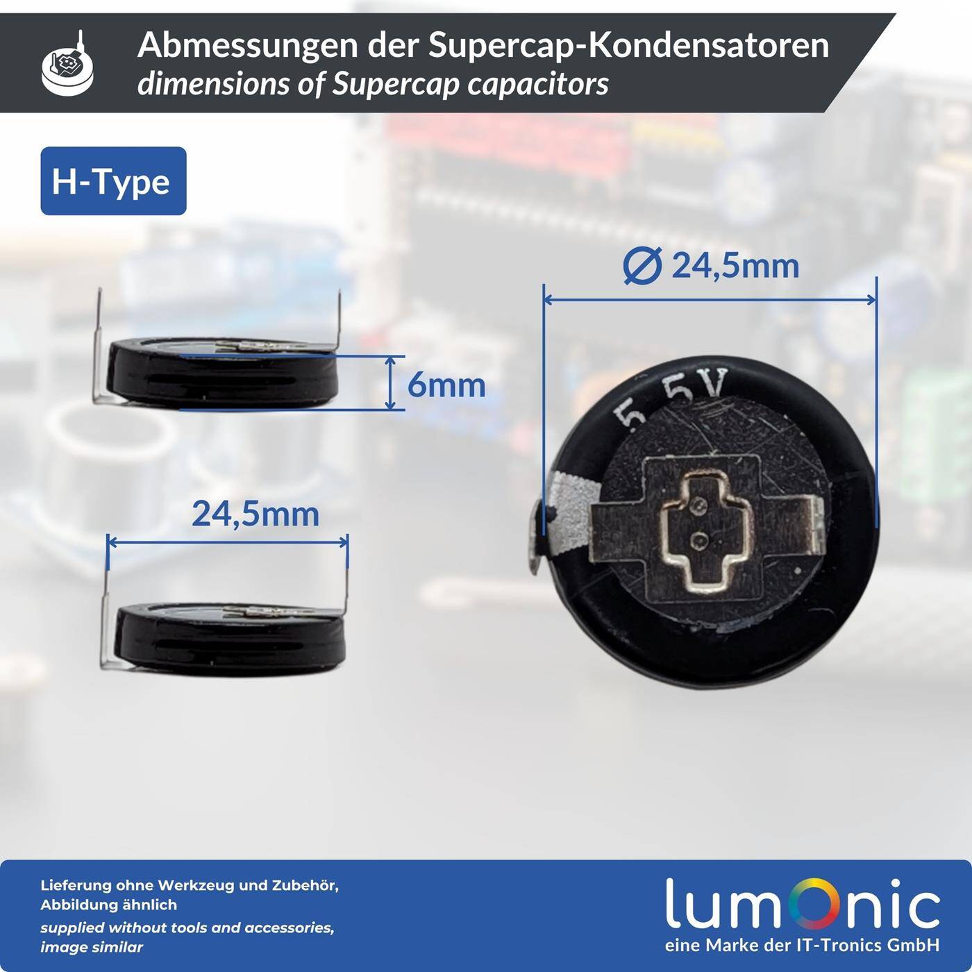 5x Supercap 4,0F 5,5V H-Type, direkt einsetzbarer EDLC, hohe Kapazität, 5,5V Monoblock - kein Balancing notwendig, Flackerschutz, Backup, Arduino, SPS, Heizung