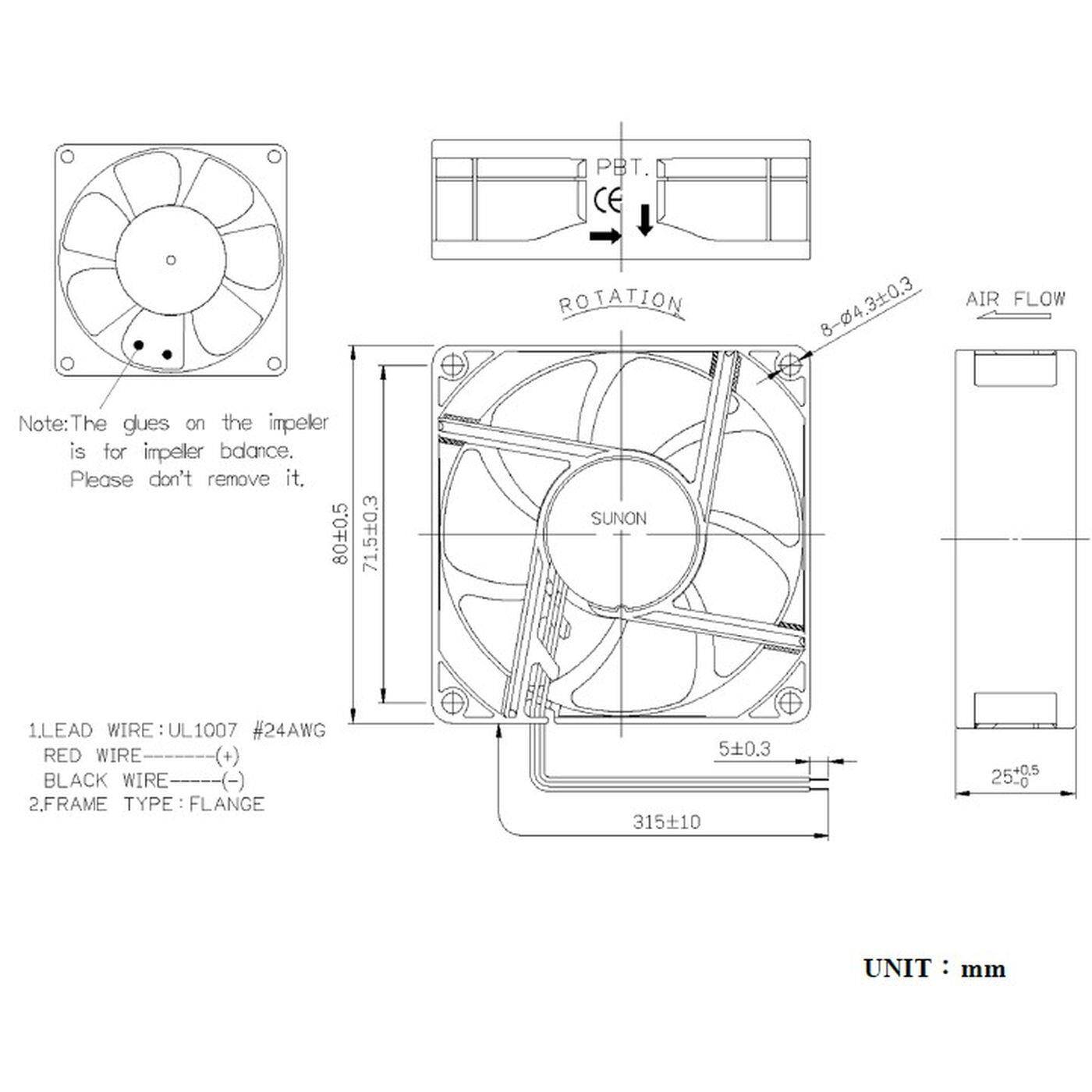 Lüfter 24V DC 1,8W 80x80x25mm 69,7m³/h 3200U/Min 69,7m³/h Sunon EF80252B11000UA99