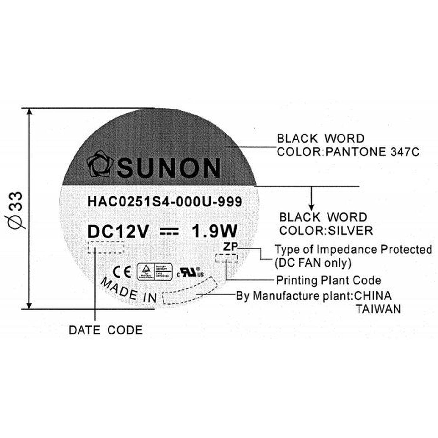 Fan 12V DC 1,9W 120x120x25mm 93,4m³/h 1600U/Min 93,4m³/h Sunon HAC0251S4-999