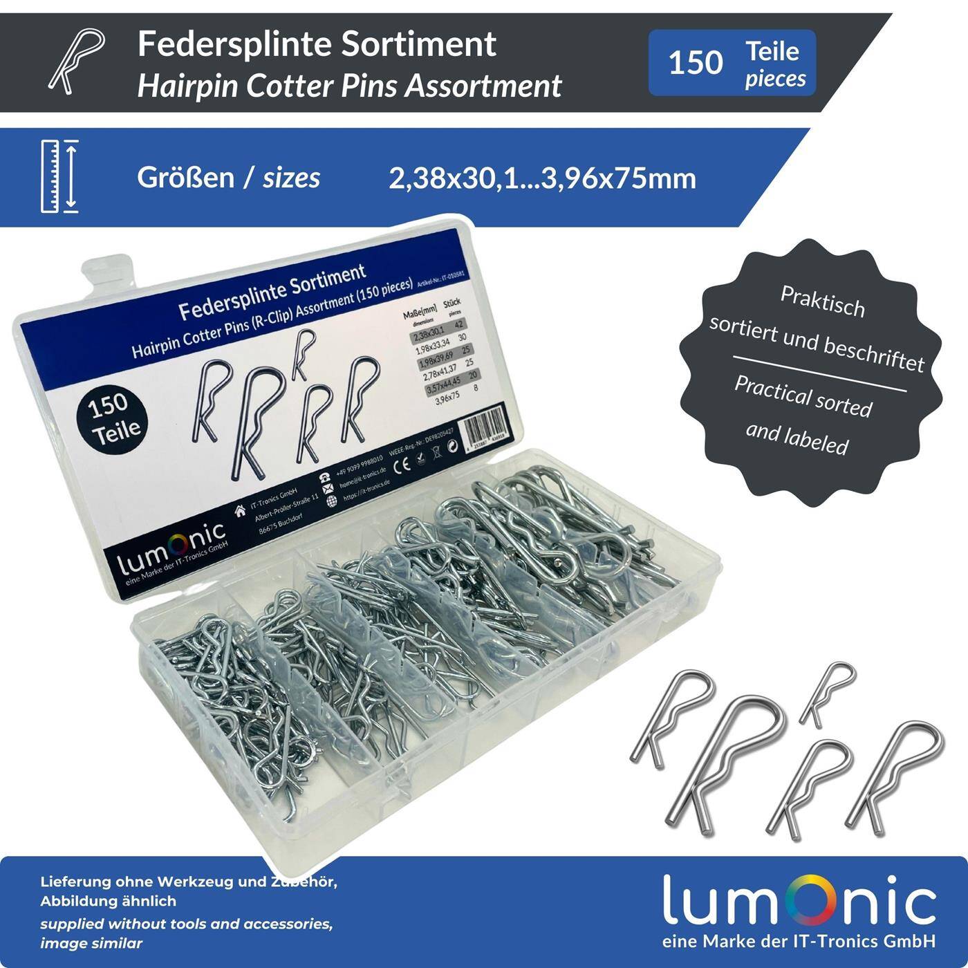 Lumonic Federsplint Sortiment | 150 Teile, 6 Größen (2-4mm) | R-Clip Hairpin Federstahl verzinkt | werkzeuglos wiederverwendbar | in praktischer Sortimentsbox